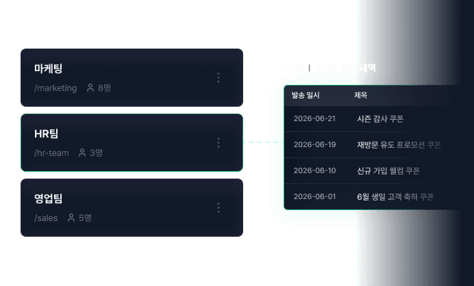 팀별 워크스페이스 목록과 선택한 워크스페이스의 발송 내역